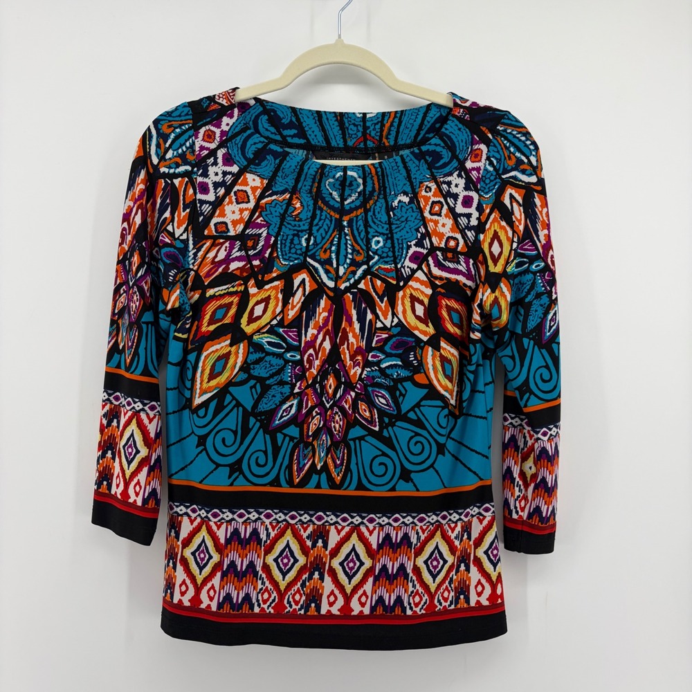 Investments Womens‎ Small Multicolor 3/4 Sleeve Tribal Geometric Print Top
